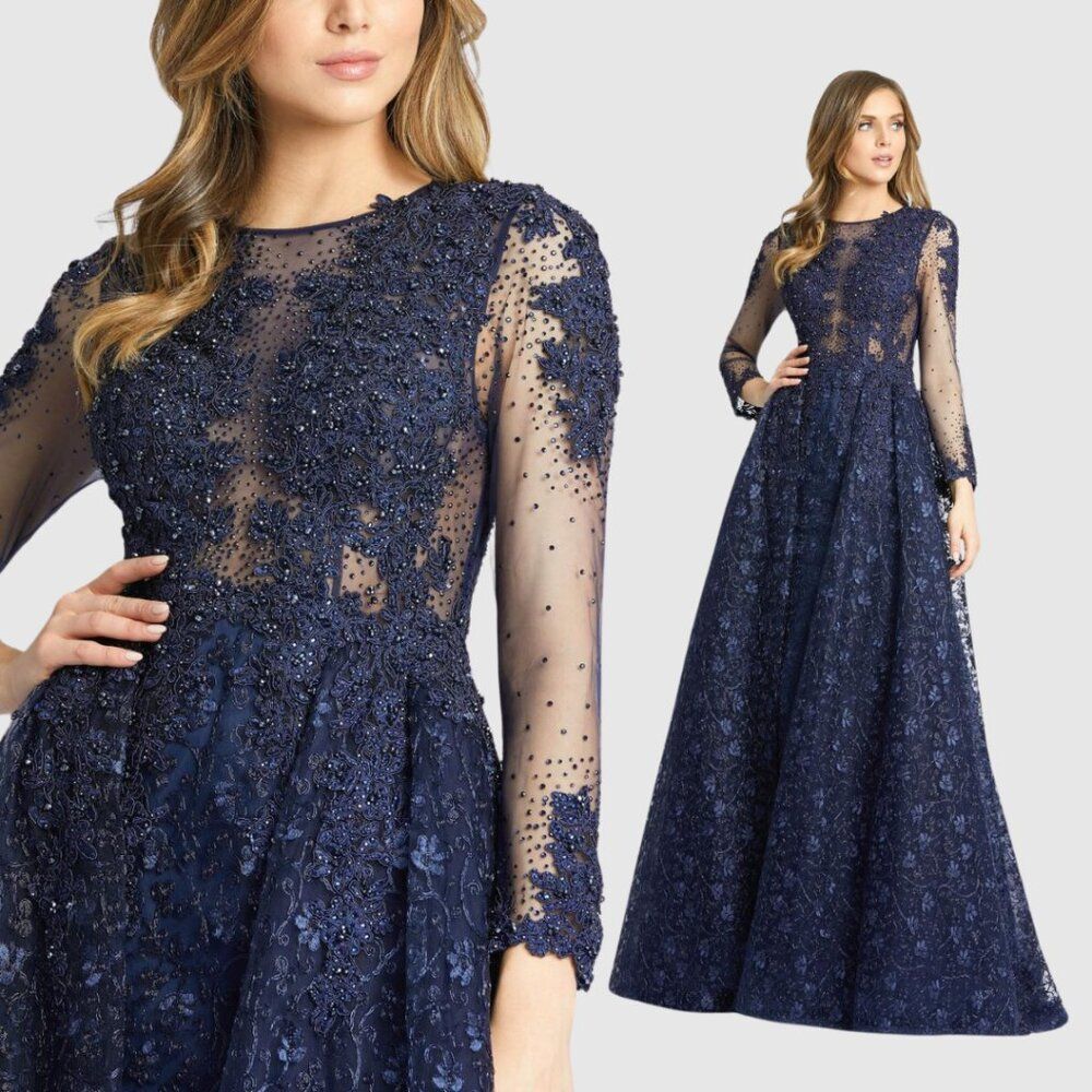Mac Duggal 20100 Womens Size 10 Navy Blue Illusion Long Sleeve A-Line Gown Dress